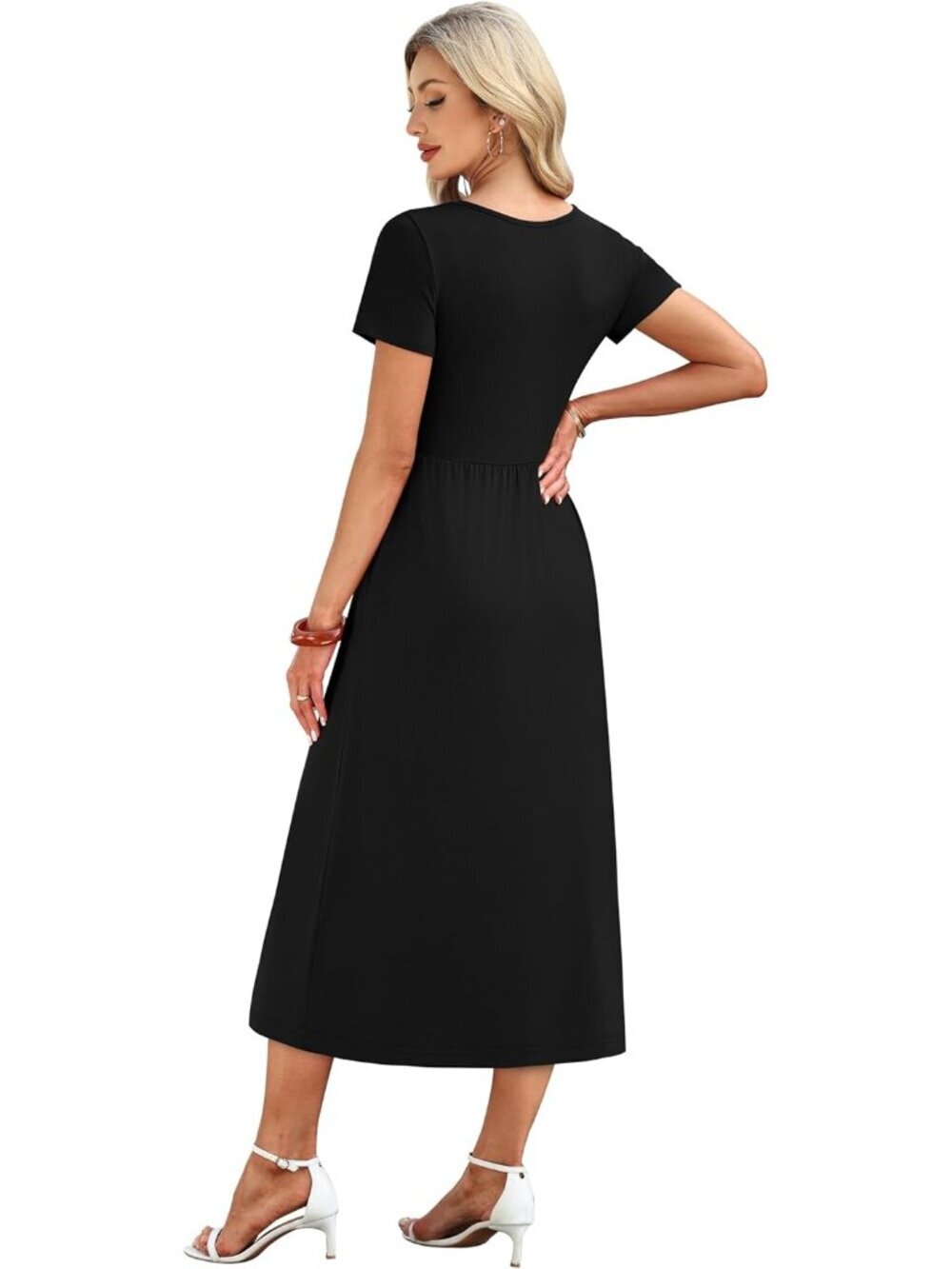 Women's Solid Black Flowy Casual A Line Midi Beach Sundresses With Pocket - Picture 5 of 5